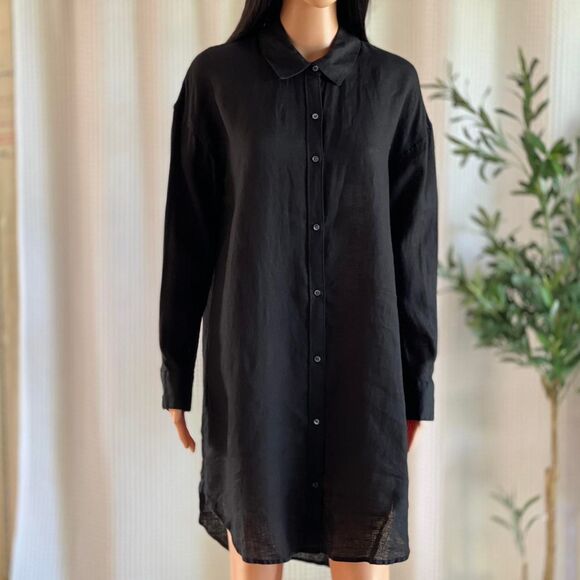 James Perse 100% Linen‎ Black Shirt Dress Button Up Minimalist Resortwear Size 2 - Picture 2 of 8